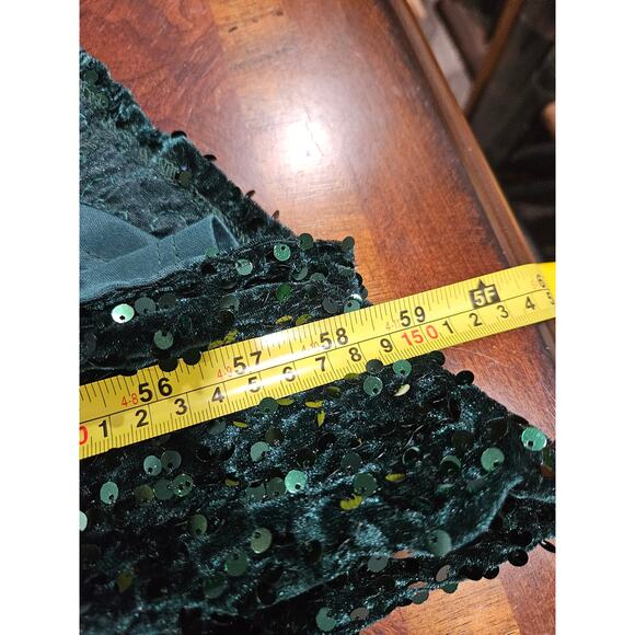 Faeristy Green Sequin Velvet Ruched Gown Dress Maxi Size L Deep V Wrap - Picture 8 of 9